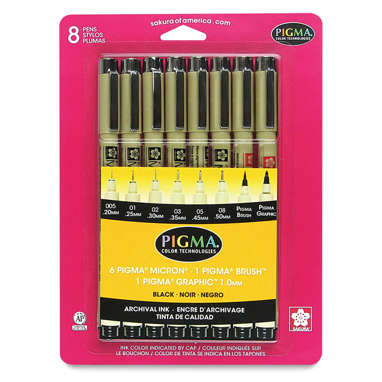 Sakura Pigma Micron, Brush and Graphic Markers - Set of 8, Black, Assorted Sizes